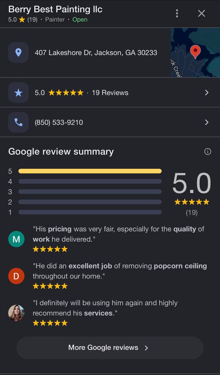 Google review summary screenshot for Berry Best Painting